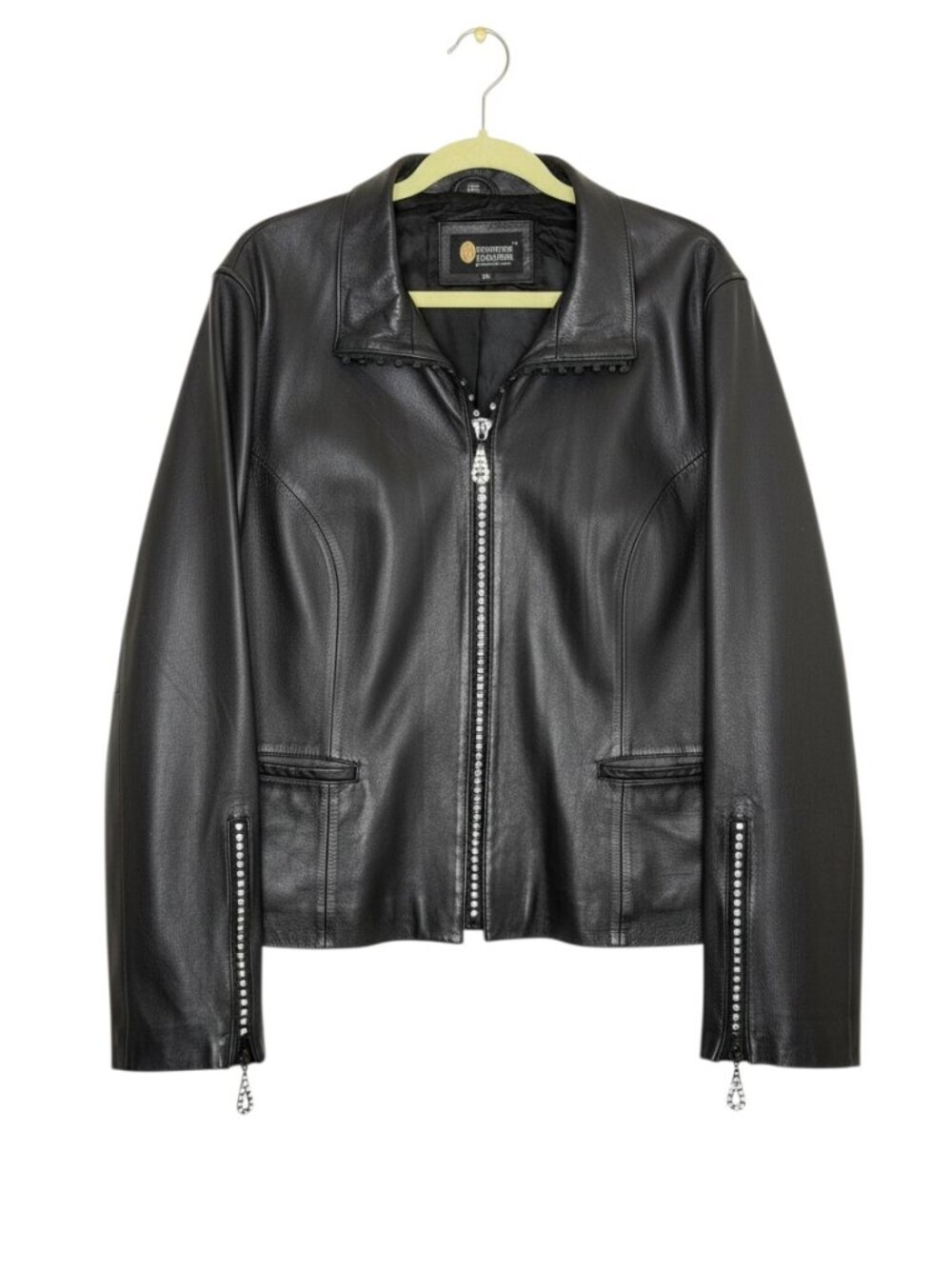 Christine Alexander Leather Moto Jacket Rhinestone Crystal Black XL